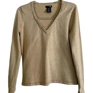 East 5th sparkly beaded collar minimalist long sleeve light sweater v-neck small